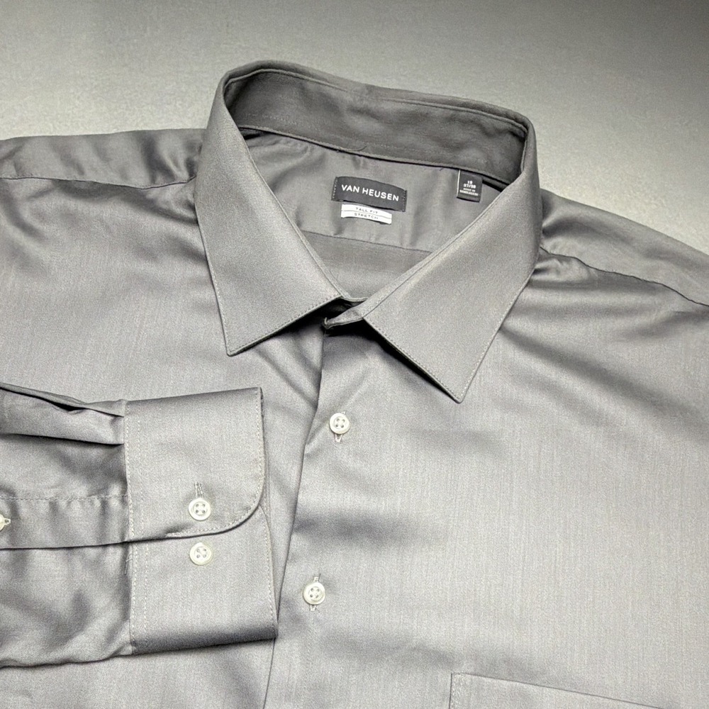 Van Heusen Lux Sateen Dress Shirt Mens 19 37/38 Tall Grey Wrinkle Free Button Up